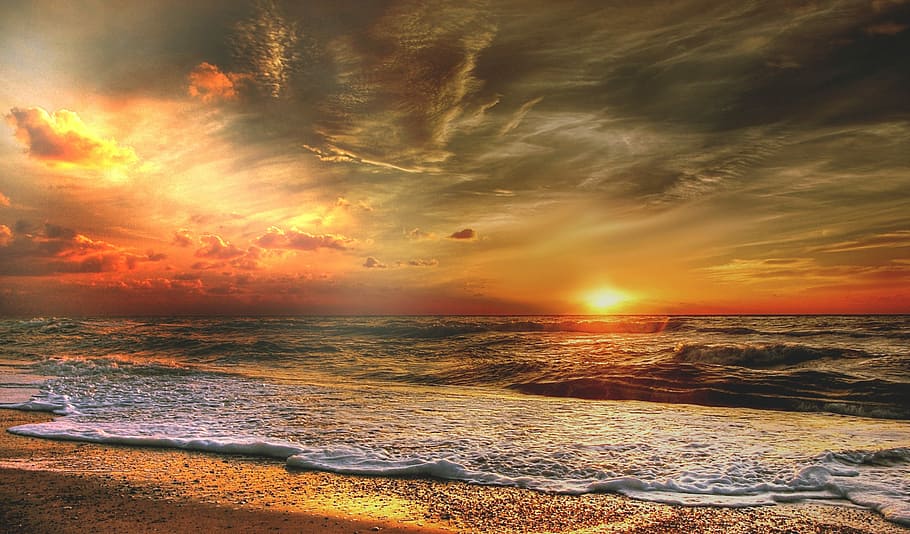 orange sunset by the beach, Denmark, Sea, Nature, summer, landscape, HD wallpaper