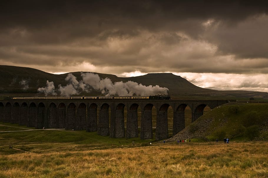 steam train on bridge, ribblehead viaduct, jerico, yorkshire dales, HD wallpaper