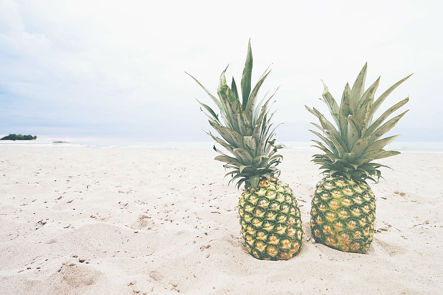 pineapples on sand near shore, dessert, appetizer, fruit, juice HD wallpaper