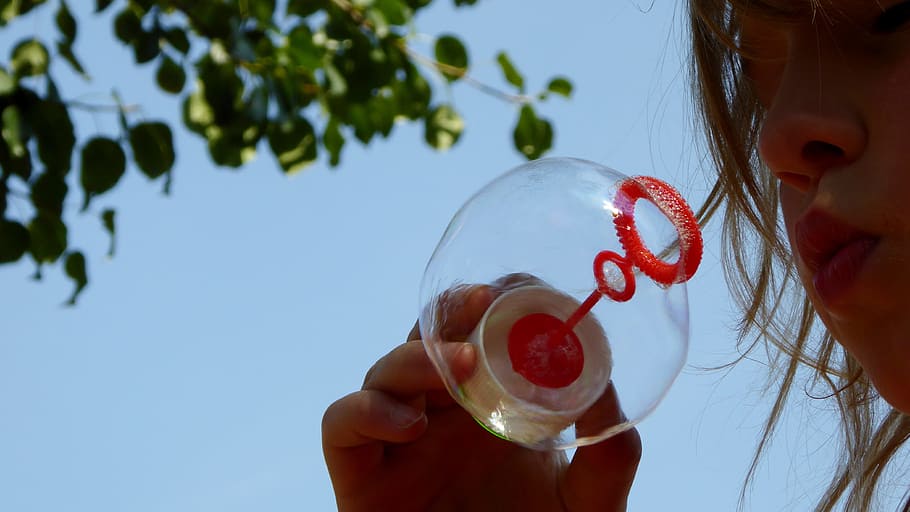 girl playing with bubble near tree, soap bubbles, children HD wallpaper