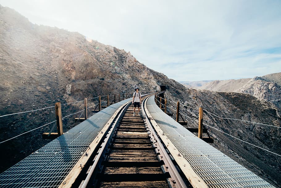 nature, mountains, train, tracks, railway, sky, clouds, people HD wallpaper