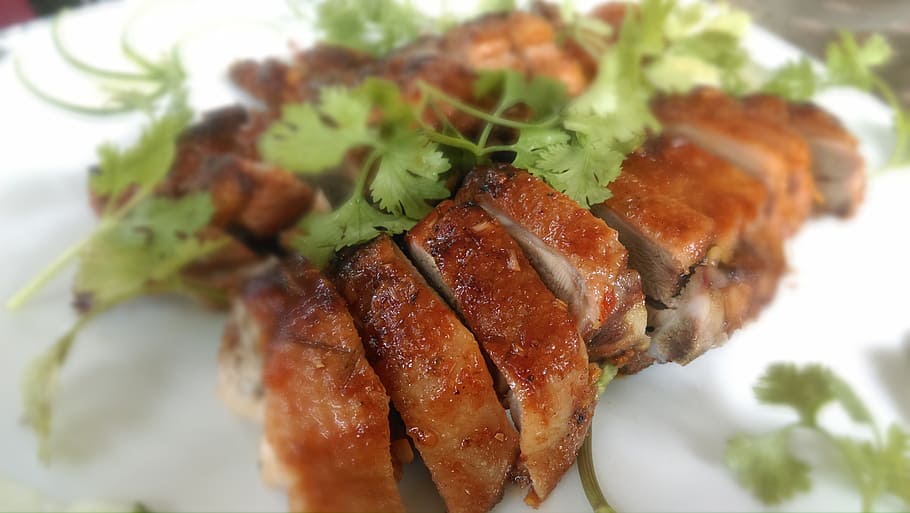 roasted meat with vegetable, duck, poultry, cooked, chinese HD wallpaper