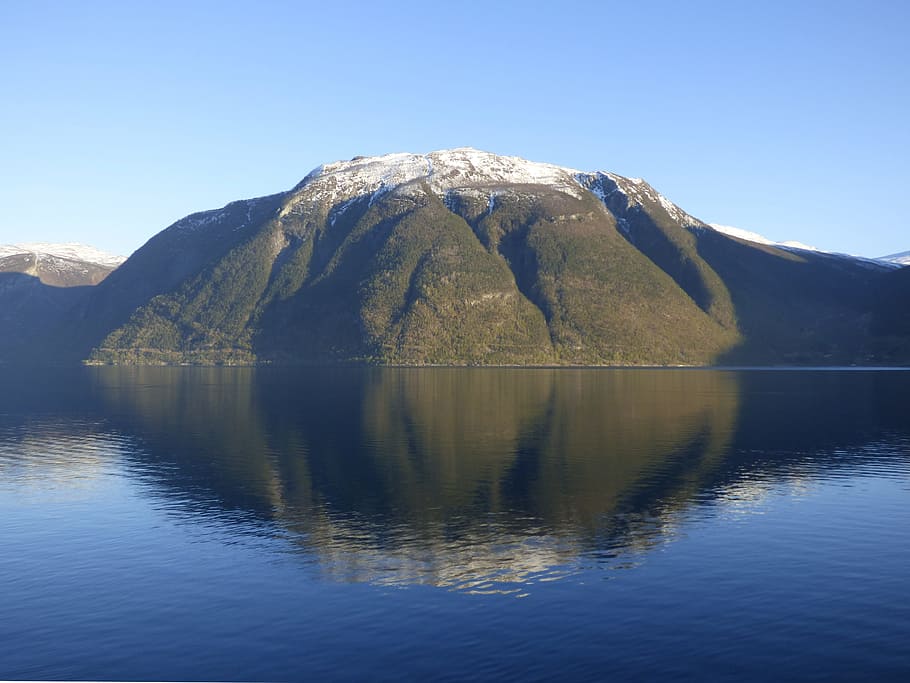 water, reflection, fiord, mountain, snow, landscape, scenery HD wallpaper