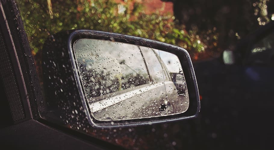 wet black framed wing mirror, right, car, winged, water, droplets, HD wallpaper