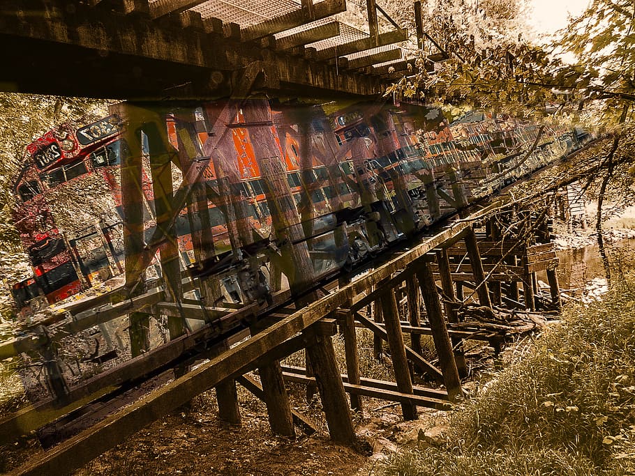 Train, Trestle, Double Exposure, railroad Track, outdoors, no people HD wallpaper