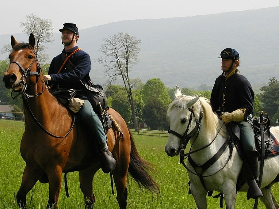 two men riding horse, harpers ferry, west virginia, soldiers, HD wallpaper