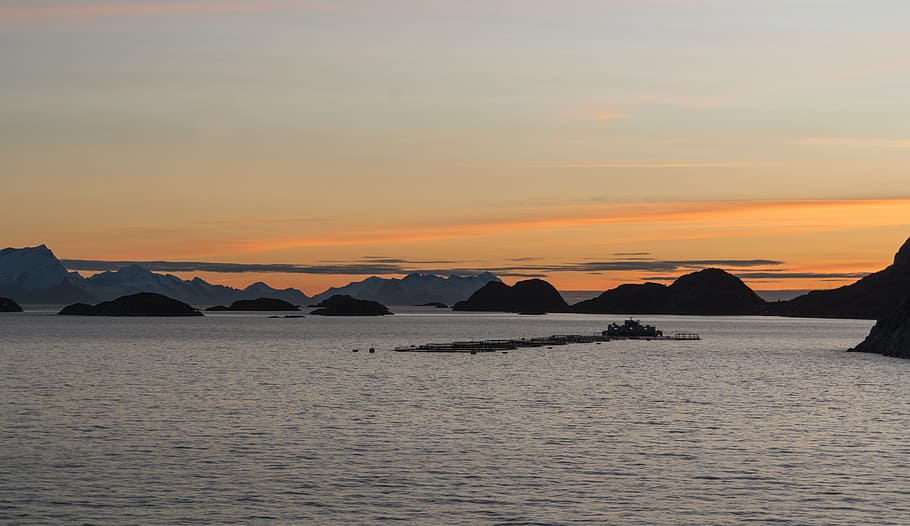 norway, coastline, sunset, fish farm, fjord, sea, mountain, HD wallpaper