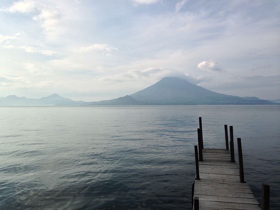 lake atitlan, guatemala, volcano, dock, mountain, scenics - nature, HD wallpaper