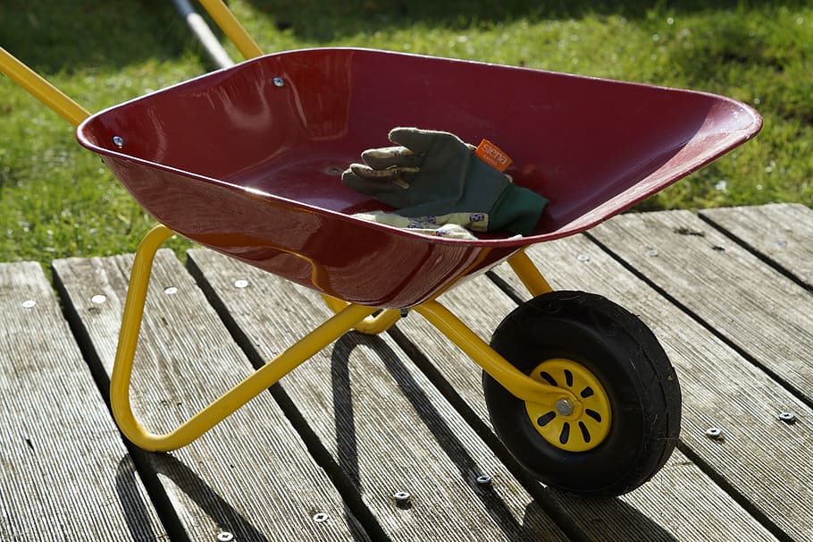 gardening, children toys, wheelbarrow, cart, work, autumn, gloves, HD wallpaper