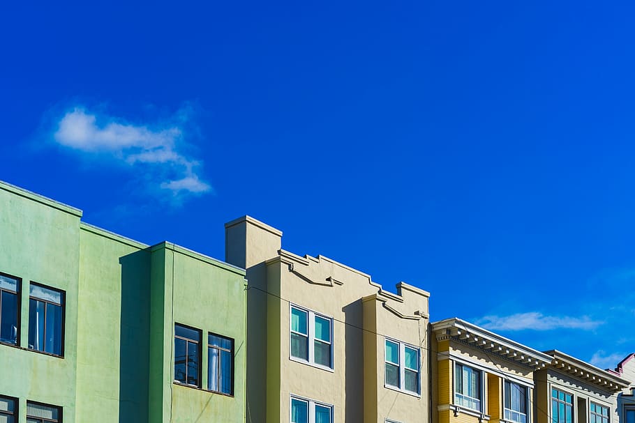 several buildings illustration, yellow and green painted buildings HD wallpaper