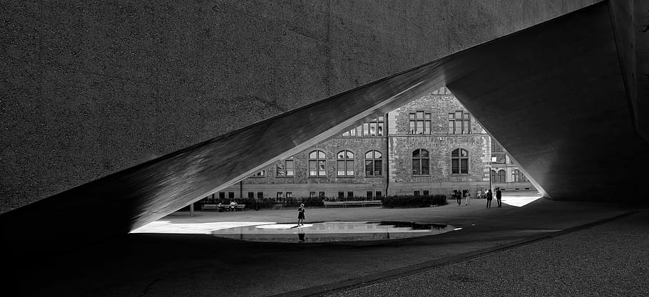 monochrome of establishment, grayscale photo of building, structure HD wallpaper