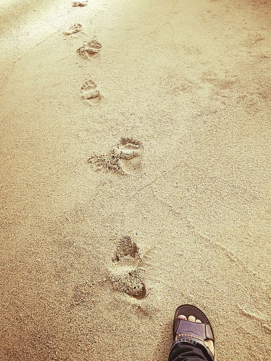 sand, beach, footprint, people, seashore, sandy, land, body part