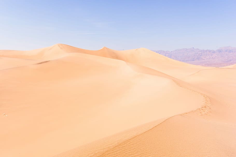 desert under blue sky, aerial photography of desert under clear blue sky during daytime HD wallpaper