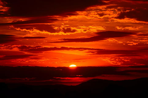 silhouette of hills during golden hours, sunset, red, sky, fiery HD wallpaper