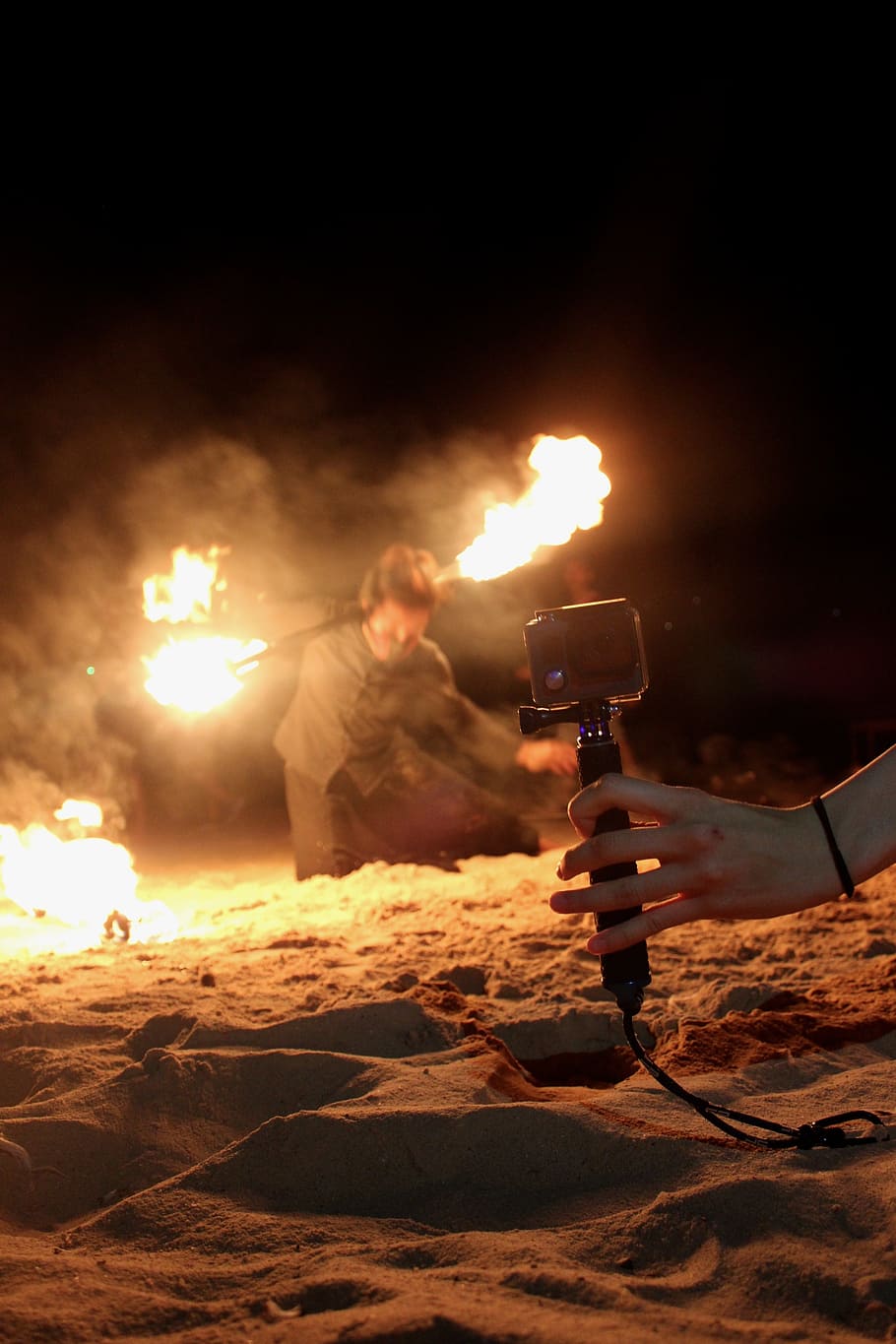 fire-show, thailand, camera, filming, go-pro, technology, holding HD wallpaper