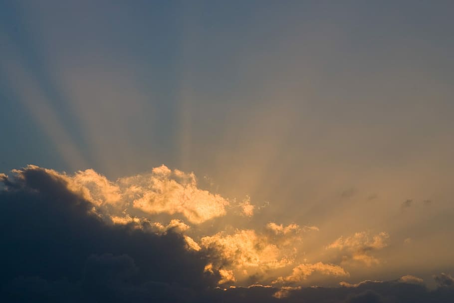 Clouds, Sunbeams, Light, lightbeams, sunset, sky, nature, inspirational HD wallpaper