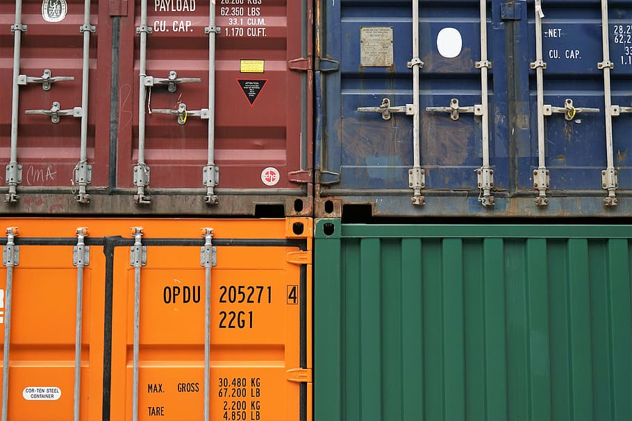 four assorted-color cargos, container, van, export, travel HD wallpaper