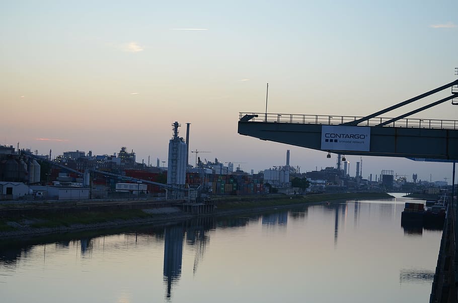 ludwigshafen, rhine, port, river, bridge, industry, water, sky, HD wallpaper