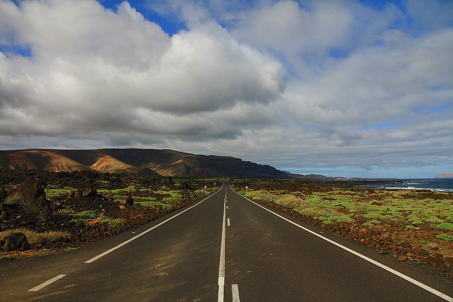 empty road between green grasses, clouds, cloudy, highway, island HD wallpaper