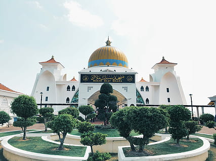 trees in front of white and yellow mosque, white, black, and yellow concrete mosque during daytime HD wallpaper
