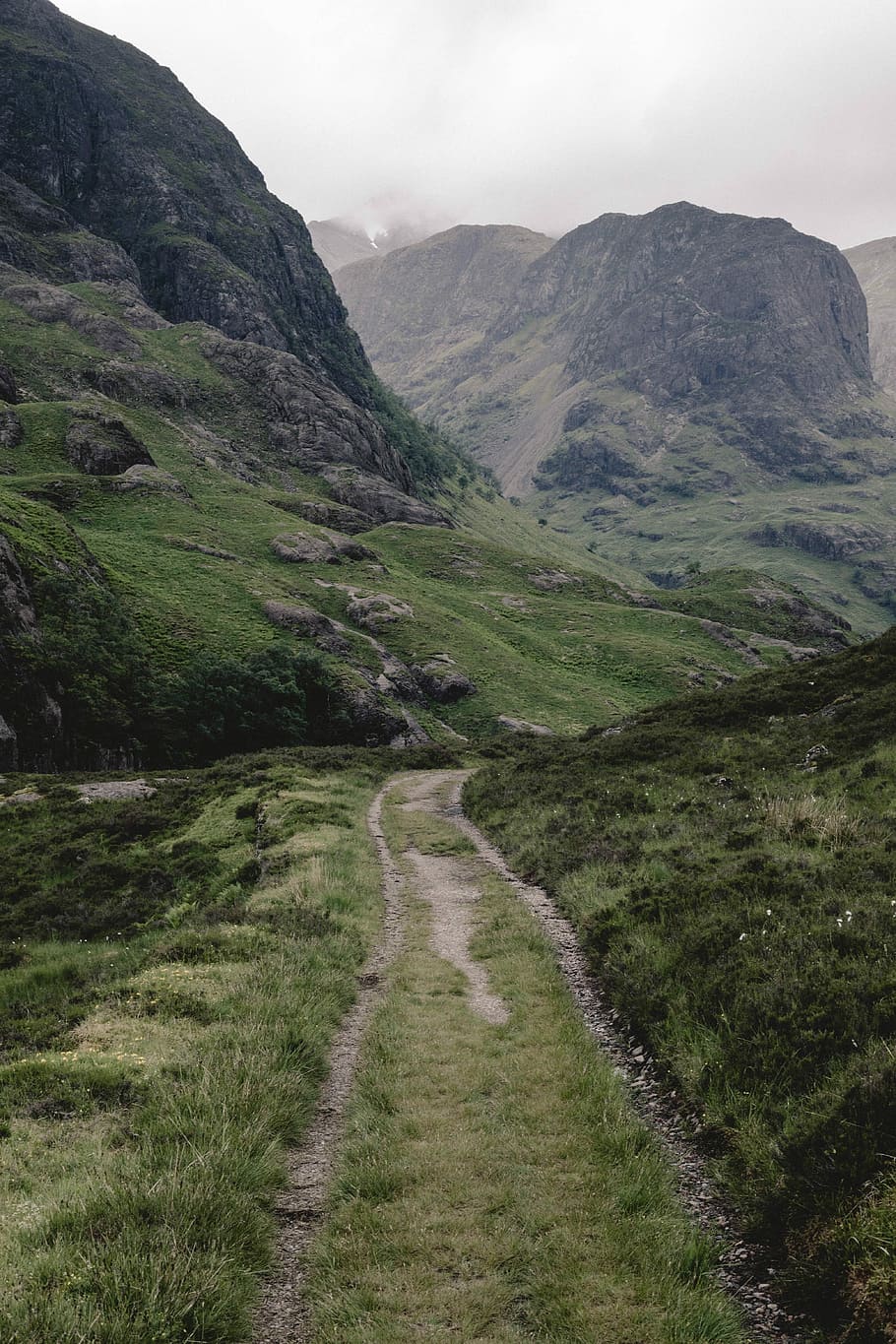 low-angle photo of mountain, pathway between grass field near mountain at daytime HD wallpaper