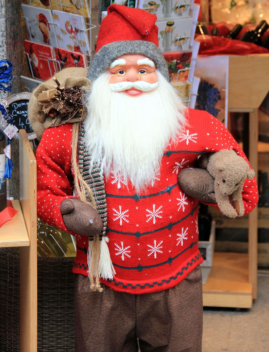 Santa Claus doll carrying teddy bear, nicholas, christmas, sweater HD wallpaper