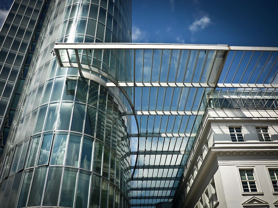 architecture, modern, building, skyscraper, facade, glass, bluish HD wallpaper