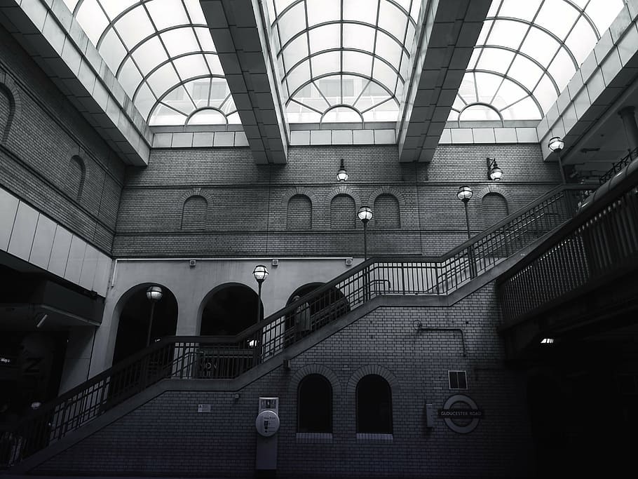 architecture, black and white, building, ceiling, glass, indoors HD wallpaper