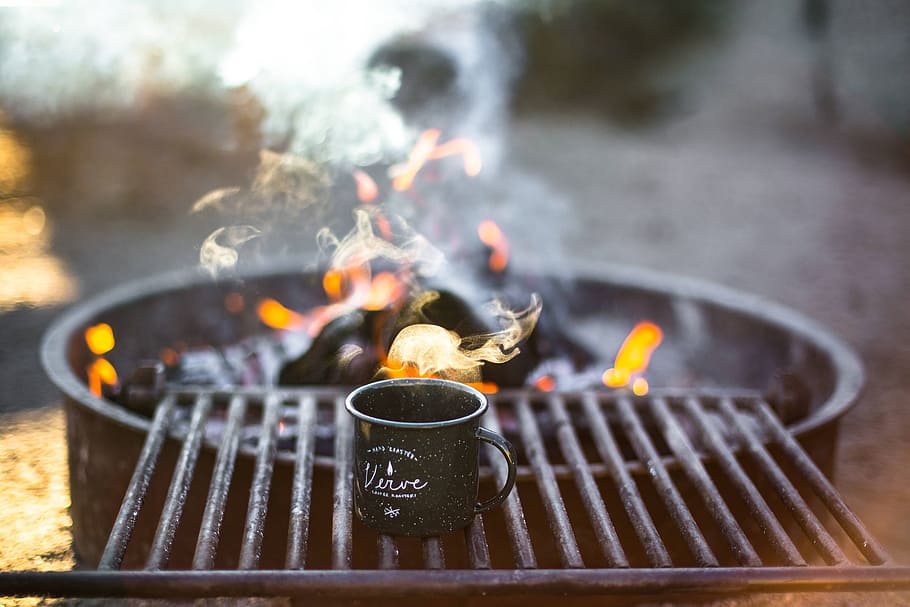 black mug on grill bar, barbecue, burning, charcoal, cup, fire HD wallpaper