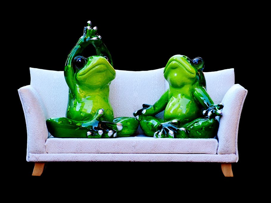 two frog figurines sitting on white fabric sofa closed up photography HD wallpaper