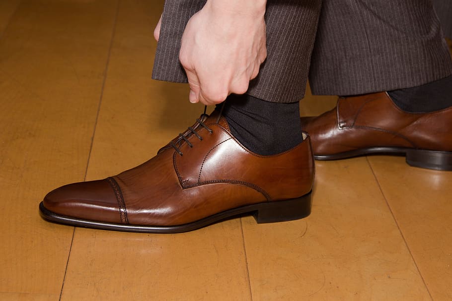 person wearing pair of brown leather dress shoes, feet, laces, HD wallpaper