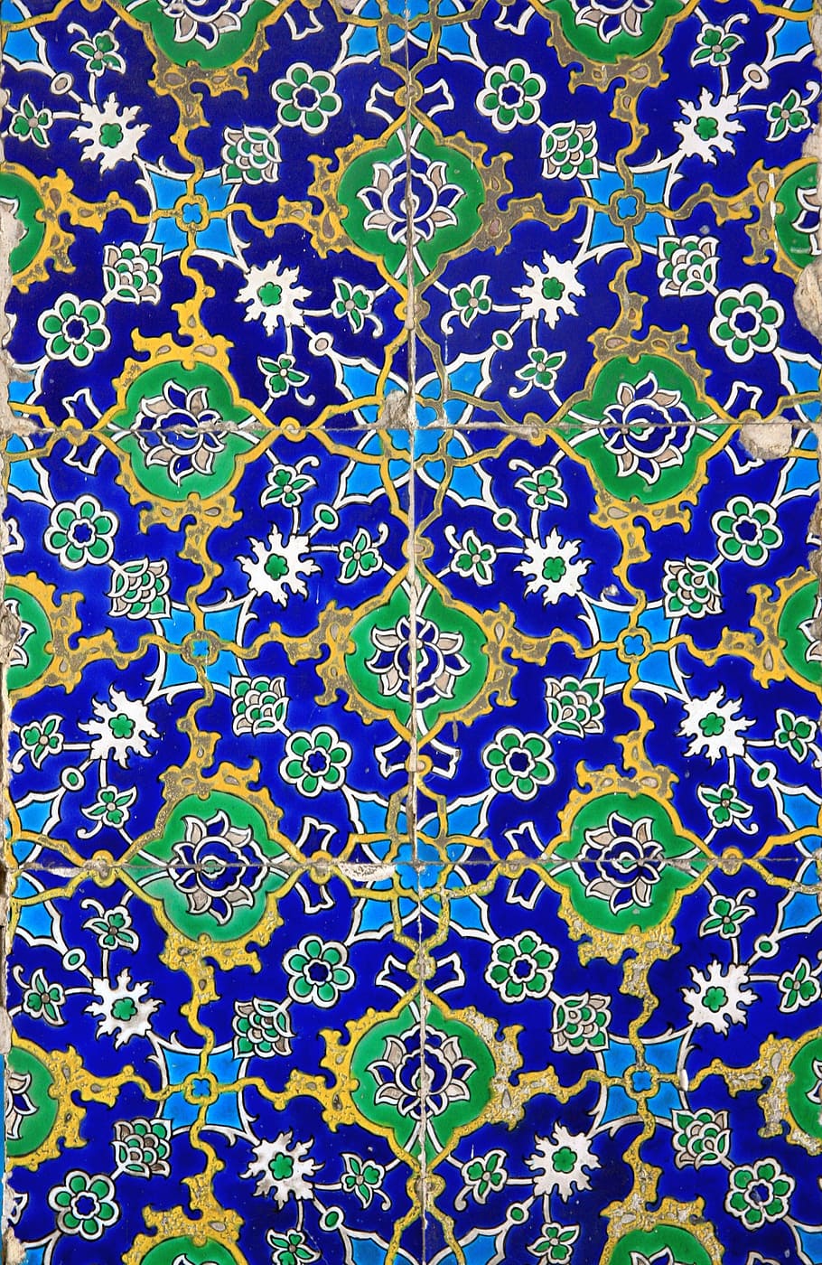 blue, green, and white floral poster, abstract, arabesque, mosaic