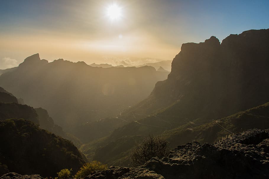 sun, sunset, landscape, setting sun, mountains, beauty in nature HD wallpaper