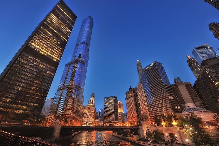 lited city buildings during nighttime, worms eyeview of buildings HD wallpaper