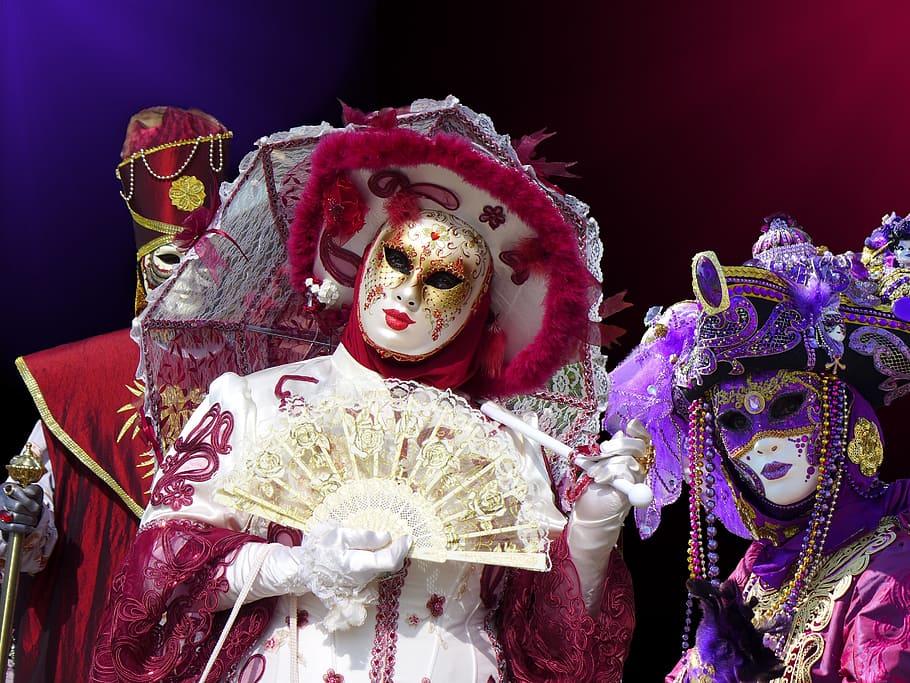 three person wearing masquerade masks and costumes, Venice, Carnival, HD wallpaper