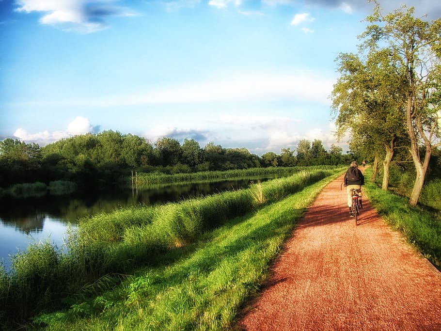 trail, path, lane, park, sky, clouds, nature, outside, river HD wallpaper