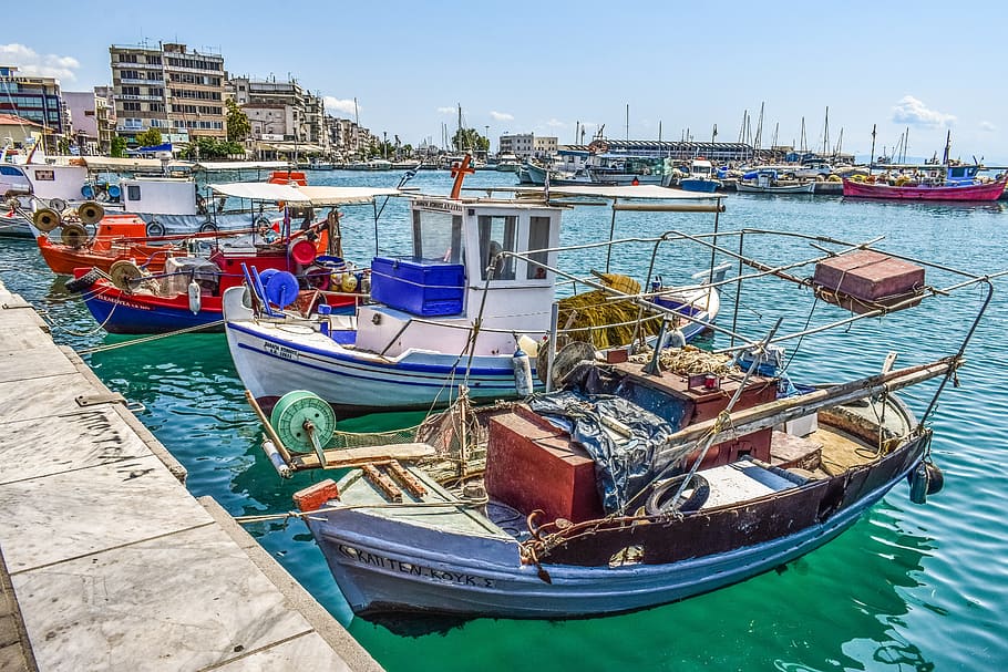 boats, port, harbor, sea, dock, town, summer, volos, greece, HD wallpaper