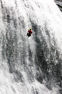 waterfall, man, climbing, rappelling, abseiling, sport, nature HD wallpaper
