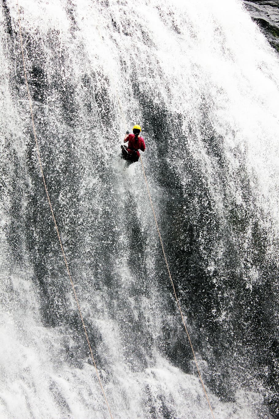 waterfall, man, climbing, rappelling, abseiling, sport, nature HD wallpaper