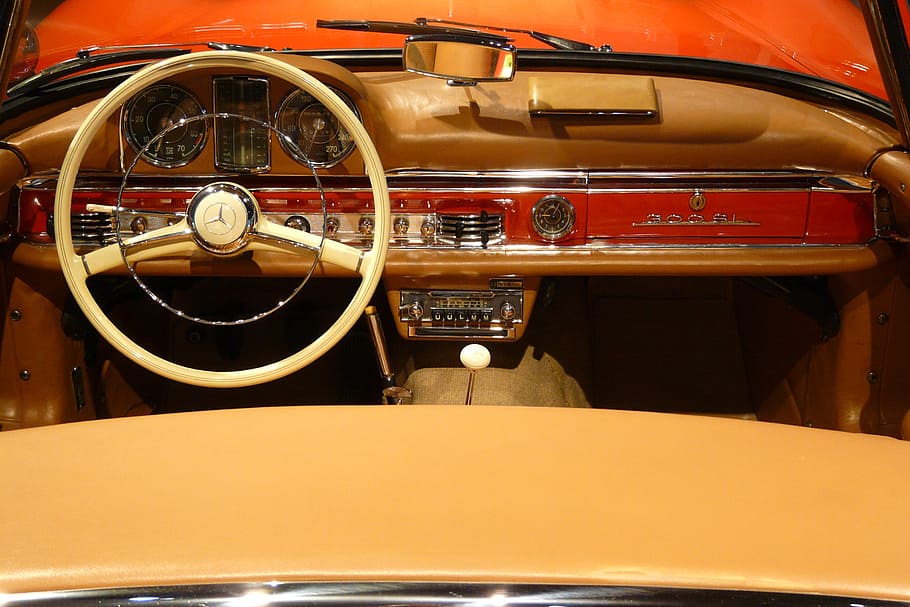 red and white convertible car interior, auto detail, steering wheel HD wallpaper