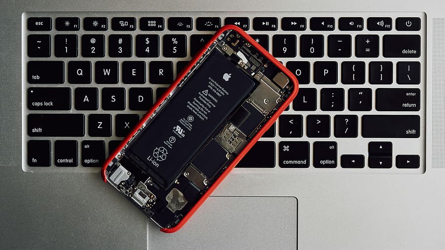 wallpaper: red and black, iPhone on MacBook, battery, teardown, keyboard | Wallpaper Flare