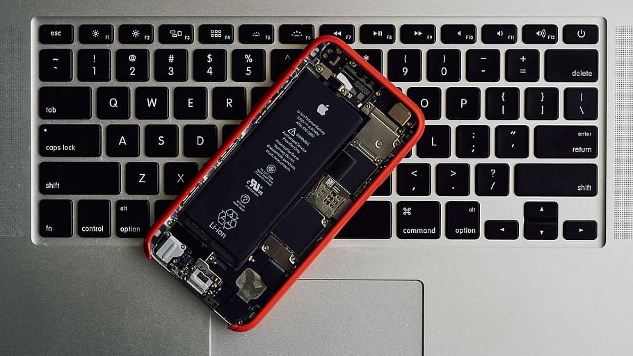 red and black, iPhone on MacBook, battery, teardown, keyboard, HD wallpaper