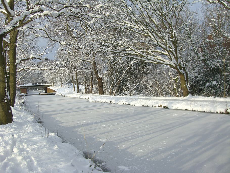 Snow, Canal, Winter, cold temperature, weather, white color HD wallpaper