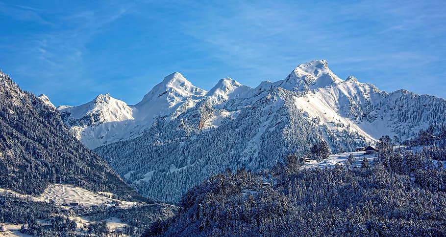 mountain covered with snow under blue sky, bird's eye view of snow mountain HD wallpaper