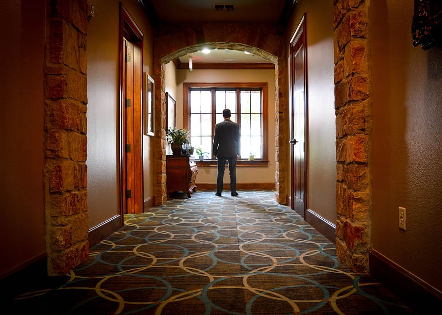 man, hall, thoughtful, one person, full length, indoors, rear view HD wallpaper