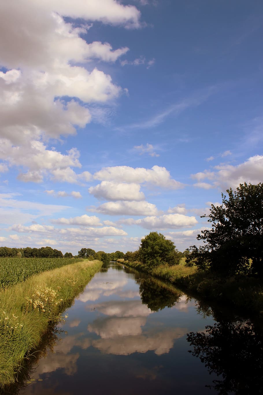 water landscape, clouds, mirroring, summer, sky, blue, nature HD wallpaper