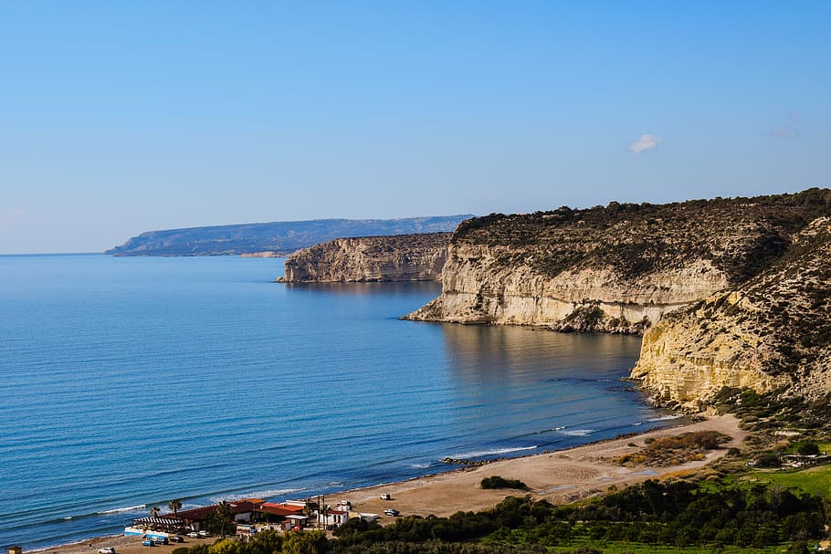 beach, sea, landscape, coast, cliffs, winter, horizon, kourion beach, HD wallpaper