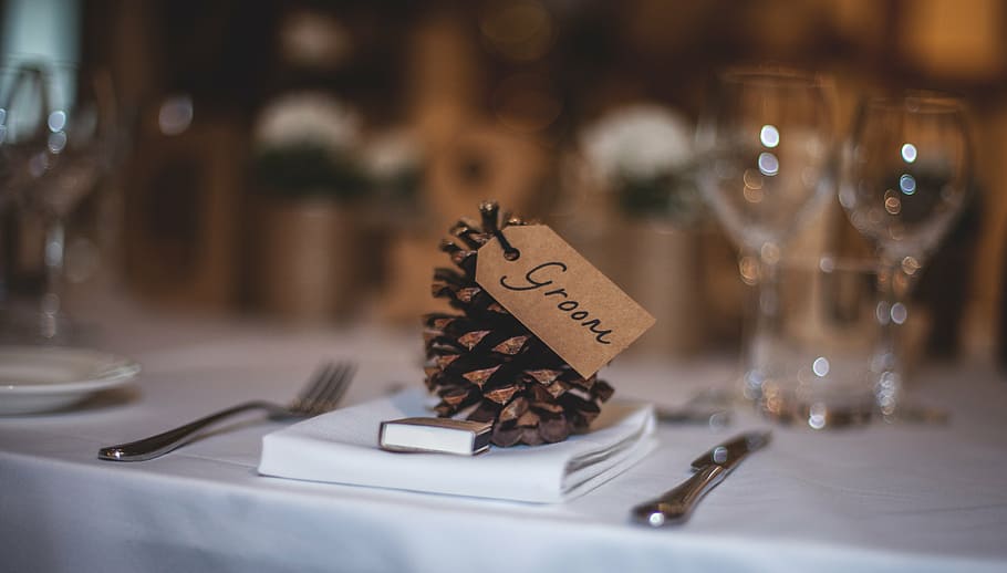 close-up photo of pinecone, groom, text, dining, table, set HD wallpaper