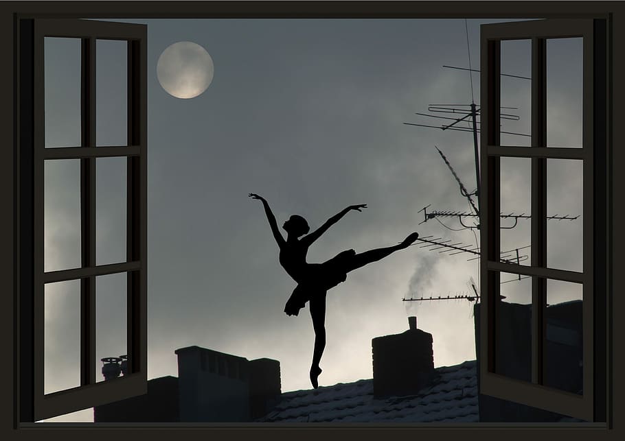 ballerina on roof silhouette photo, moon, moon addicted, universe