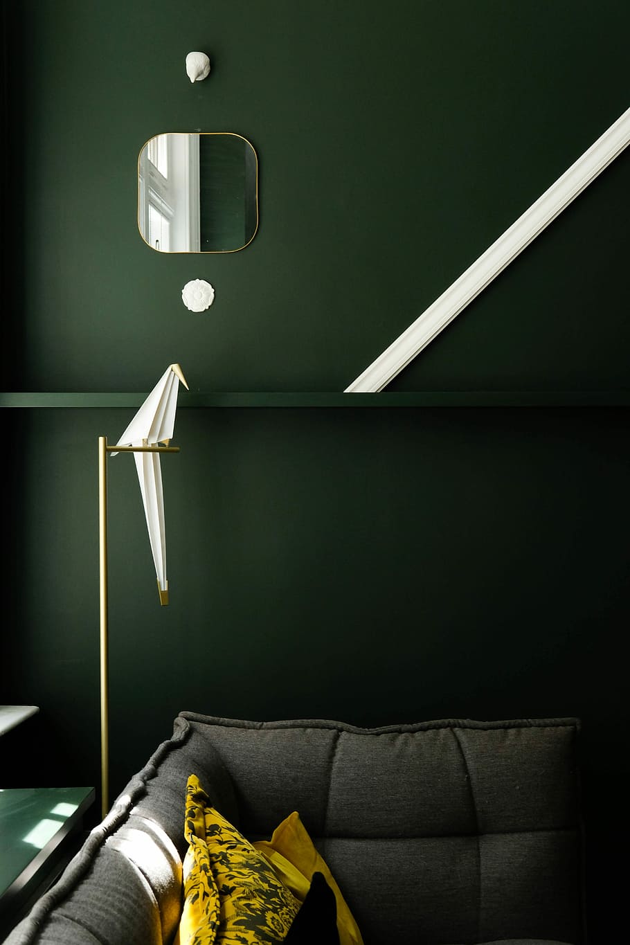 square framed mirror over gray sofa, yellow pillow on gray sofa near on green painted wall HD wallpaper